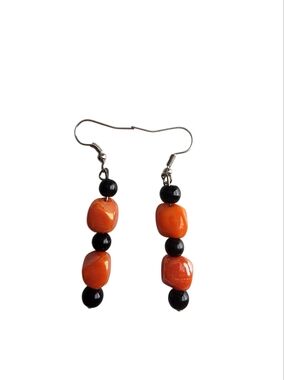 (4)Handmade Orange and Black Beaded Drop Earrings